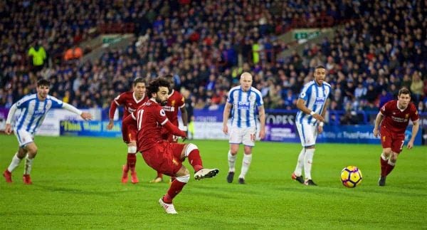 HUDDERSFIELD, ENGLAND - Tuesday, January 30, 2018: Liverpool's Mohamed Salah scores the third goal from a penalty kick during the FA Premier League match between Huddersfield Town FC and Liverpool FC at the John Smith's Stadium. (Pic by David Rawcliffe/Propaganda)