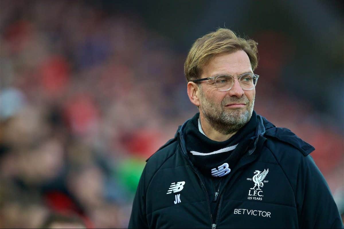 LIVERPOOL, ENGLAND - Sunday, February 4, 2018: Liverpool's manager Jürgen Klopp before the FA Premier League match between Liverpool FC and Tottenham Hotspur FC at Anfield. (Pic by David Rawcliffe/Propaganda)