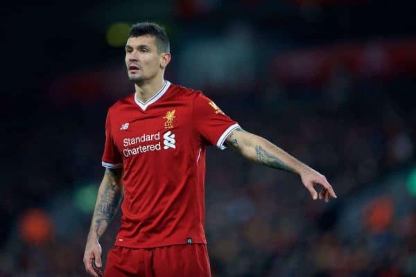 LIVERPOOL, ENGLAND - Sunday, February 4, 2018: Liverpool's Dejan Lovren during the FA Premier League match between Liverpool FC and Tottenham Hotspur FC at Anfield. (Pic by David Rawcliffe/Propaganda)