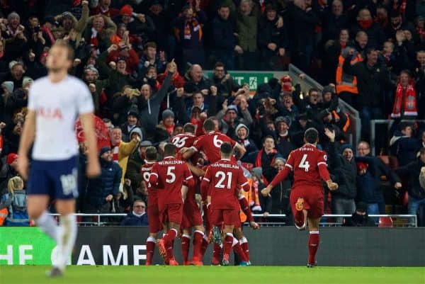 LIVERPOOL, ENGLAND - Sunday, February 4, 2018: Liverpool players celebrate after a late second goal by Mohamed Salah during the FA Premier League match between Liverpool FC and Tottenham Hotspur FC at Anfield. (Pic by David Rawcliffe/Propaganda)