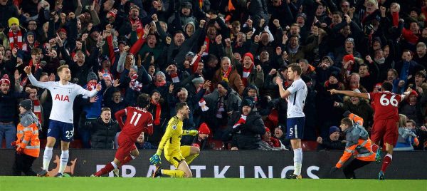 LIVERPOOL, ENGLAND - Sunday, February 4, 2018: Liverpool's Mohamed Salah celebrates scoring the second goal during the FA Premier League match between Liverpool FC and Tottenham Hotspur FC at Anfield. (Pic by David Rawcliffe/Propaganda)