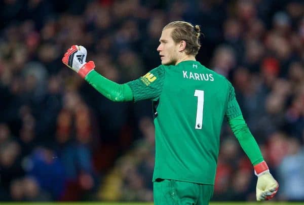 LIVERPOOL, ENGLAND - Sunday, February 4, 2018: Liverpool's goalkeeper Loris Karius celebrates after saving a penalty from Tottenham Hotspur during the FA Premier League match between Liverpool FC and Tottenham Hotspur FC at Anfield. (Pic by David Rawcliffe/Propaganda)