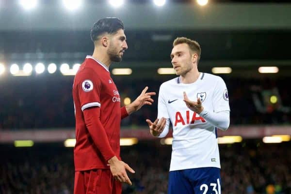 LIVERPOOL, ENGLAND - Sunday, February 4, 2018: Liverpool's Emre Can and Tottenham Hotspur's Christian Eriksen argue after a penalty decision during the FA Premier League match between Liverpool FC and Tottenham Hotspur FC at Anfield. (Pic by David Rawcliffe/Propaganda)