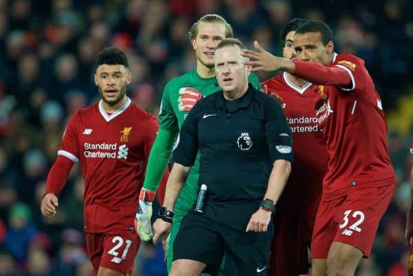 LIVERPOOL, ENGLAND - Sunday, February 4, 2018: Liverpool's Alex Oxlade-Chamberlain, goalkeeper Loris Karius and Joel Matip complain as referee Jonathan Moss awards a penalty with the helop of the assistant referee during the FA Premier League match between Liverpool FC and Tottenham Hotspur FC at Anfield. (Pic by David Rawcliffe/Propaganda)