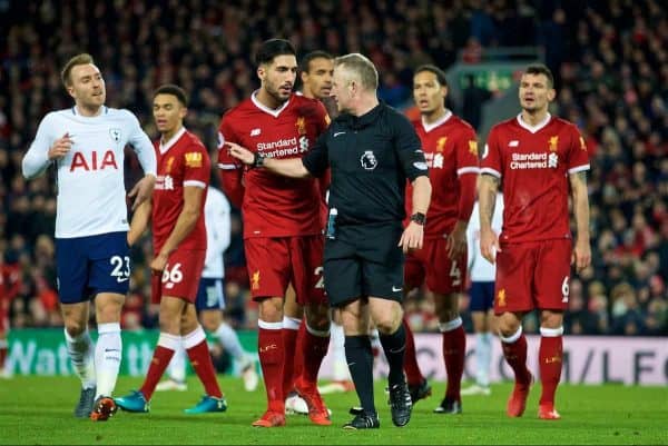 LIVERPOOL, ENGLAND - Sunday, February 4, 2018: Liverpool's Emre Can complains to referee Jonathan Moss as Tottenham Hotspur are awarded their first penalty during the FA Premier League match between Liverpool FC and Tottenham Hotspur FC at Anfield. (Pic by David Rawcliffe/Propaganda)