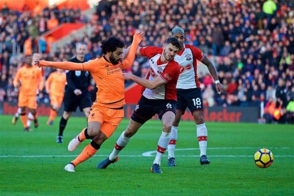 SOUTHAMPTON, ENGLAND - Sunday, February 11, 2018: Liverpool's Mohamed Salah and Southampton's Wesley Hoedt during the FA Premier League match between Southampton FC and Liverpool FC at St. Mary's Stadium. (Pic by David Rawcliffe/Propaganda)