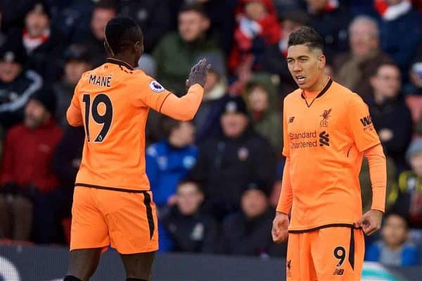 SOUTHAMPTON, ENGLAND - Sunday, February 11, 2018: Liverpool's Roberto Firmino celebrates scoring the first goal during the FA Premier League match between Southampton FC and Liverpool FC at St. Mary's Stadium. (Pic by David Rawcliffe/Propaganda)