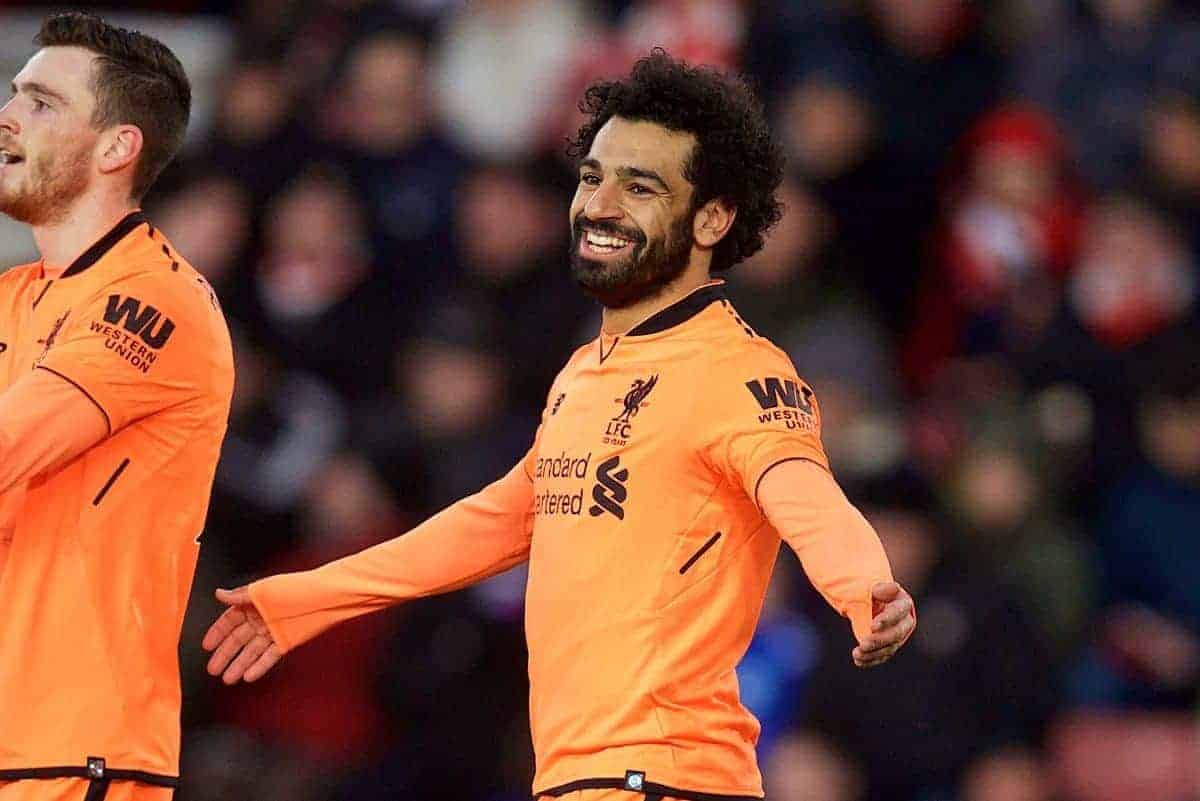 SOUTHAMPTON, ENGLAND - Sunday, February 11, 2018: Liverpool's Mohamed Salah celebrates scoring the second goal during the FA Premier League match between Southampton FC and Liverpool FC at St. Mary's Stadium. (Pic by David Rawcliffe/Propaganda)