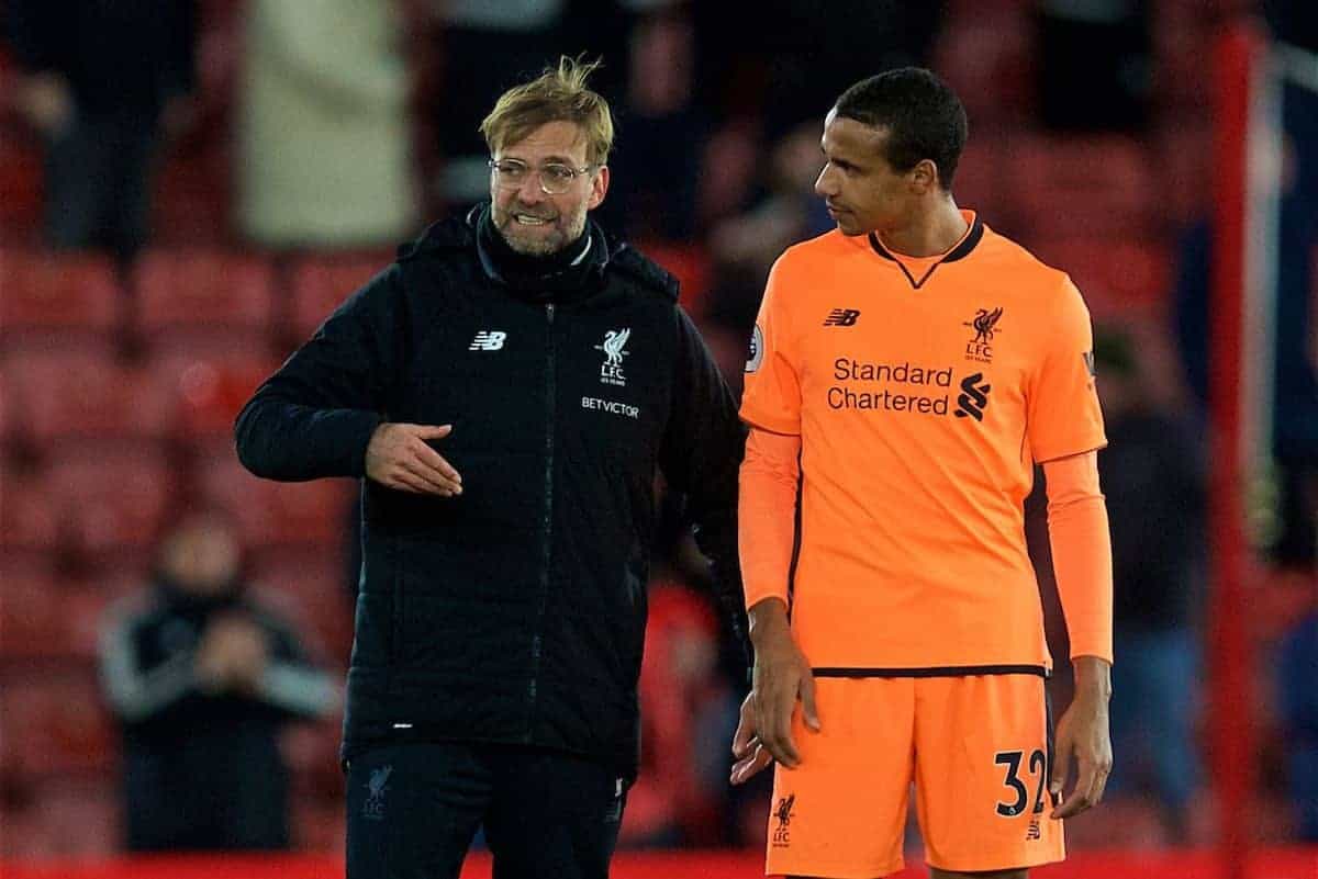 SOUTHAMPTON, ENGLAND - Sunday, February 11, 2018: Liverpool's manager Jürgen Klopp and Joel Matip after the FA Premier League match between Southampton FC and Liverpool FC at St. Mary's Stadium. (Pic by David Rawcliffe/Propaganda)