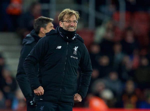 SOUTHAMPTON, ENGLAND - Sunday, February 11, 2018: Liverpool's manager Jürgen Klopp reacts during the FA Premier League match between Southampton FC and Liverpool FC at St. Mary's Stadium. (Pic by David Rawcliffe/Propaganda)