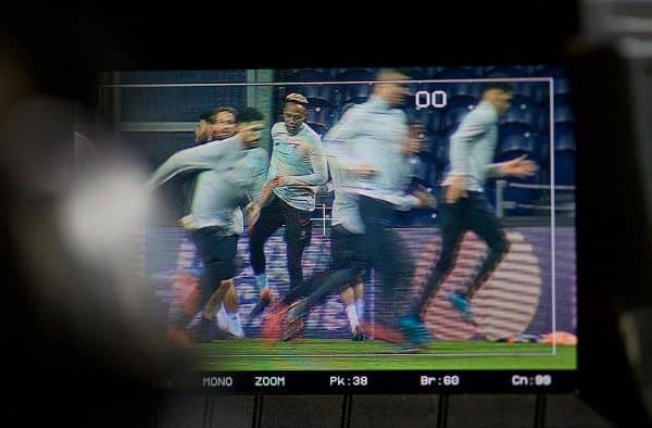 PORTO, PORTUGAL - Tuesday, February 13, 2018: Liverpool's Nathaniel Clyne, shown on a camera's television monitor during a training session at the Estádio do Dragão ahead of the UEFA Champions League Round of 16 1st leg match between FC Porto and Liverpool FC. (Pic by David Rawcliffe/Propaganda)