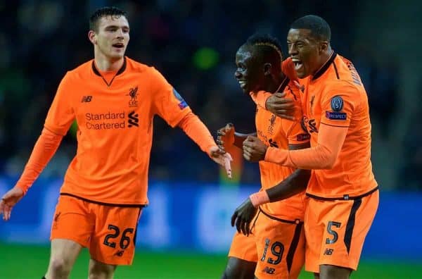 PORTO, PORTUGAL - Wednesday, February 14, 2018: Liverpool's Sadio Mane celebrates scoring the first goal with team-mates Andy Robertson and Georginio Wijnaldum during the UEFA Champions League Round of 16 1st leg match between FC Porto and Liverpool FC on Valentine's Day at the Est·dio do Drag„o. (Pic by David Rawcliffe/Propaganda)