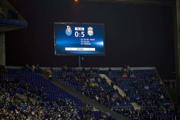 PORTO, PORTUGAL - Wednesday, February 14, 2018: The scoreboard records Liverpool's 5-0 victory over FC Porto during the UEFA Champions League Round of 16 1st leg match between FC Porto and Liverpool FC on Valentine's Day at the Estádio do Dragão. (Pic by David Rawcliffe/Propaganda)