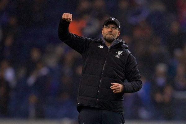 PORTO, PORTUGAL - Wednesday, February 14, 2018: Liverpool's manager Jürgen Klopp celebrates after the 5-0 victory over FC Porto during the UEFA Champions League Round of 16 1st leg match between FC Porto and Liverpool FC on Valentine's Day at the Estádio do Dragão. (Pic by David Rawcliffe/Propaganda)