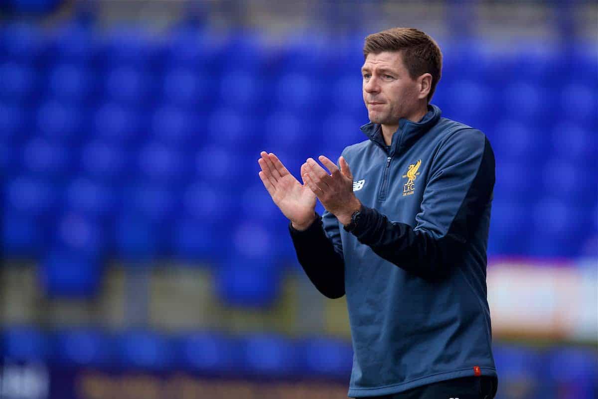 BIRKENHEAD, ENGLAND - Wednesday, February 21, 2018: Liverpool's Under-18 manager Steven Gerrard during the UEFA Youth League Quarter-Final match between Liverpool FC and Manchester United FC at Prenton Park. (Pic by David Rawcliffe/Propaganda)