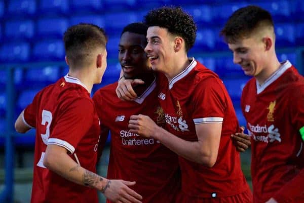 BIRKENHEAD, ENGLAND - Wednesday, February 21, 2018: Liverpool's substitute Rafael Camacho celebrates scoring the second goal during the UEFA Youth League Quarter-Final match between Liverpool FC and Manchester United FC at Prenton Park. (Pic by David Rawcliffe/Propaganda)
