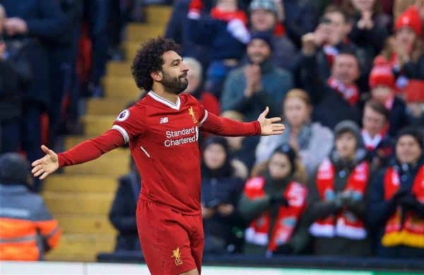 BIRKENHEAD, ENGLAND - Wednesday, February 21, 2018: Liverpool's Mohamed Salah celebrates scoring the second goal during the UEFA Youth League Quarter-Final match between Liverpool FC and Manchester United FC at Prenton Park. (Pic by David Rawcliffe/Propaganda)