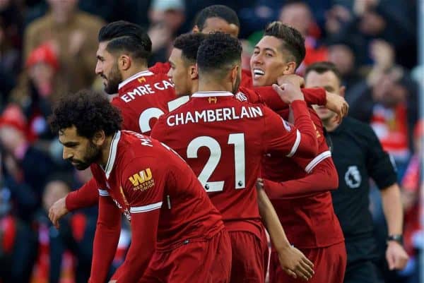 ANFIELD, ENGLAND - Wednesday, February 21, 2018: Liverpool's Roberto Firmino celebrates scoring the third goal during the UEFA Youth League Quarter-Final match between Liverpool FC and Manchester United FC at Prenton Park. (Pic by David Rawcliffe/Propaganda)