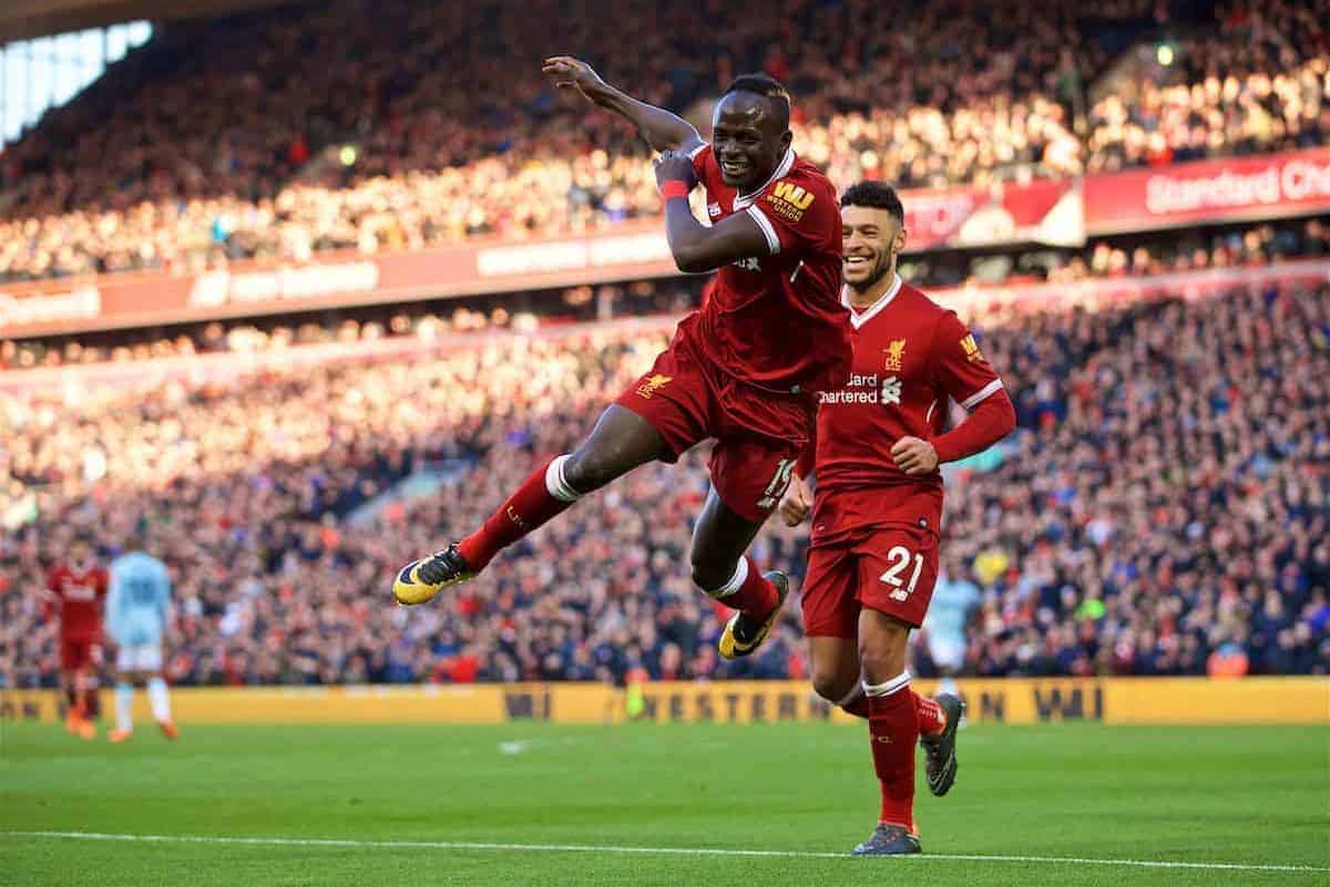 BIRKENHEAD, ENGLAND - Wednesday, February 21, 2018: Liverpool's Sadio Mane celebrates scoring the fourth goal during the UEFA Youth League Quarter-Final match between Liverpool FC and Manchester United FC at Prenton Park. (Pic by David Rawcliffe/Propaganda)