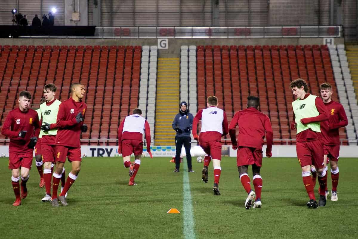 LEIGH, ENGLAND - Wednesday, February 28, 2018: Liverpool's players during the pre-match warm-up ahead of the Under-23 FA Premier League International Cup Quarter-Final match between Liverpool and FC Porto at Leigh Sports Village. (Pic by Paul Greenwood/Propaganda)