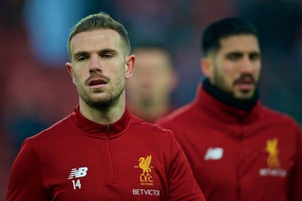 LIVERPOOL, ENGLAND - Saturday, March 3, 2018: Liverpool's captain Jordan Henderson during the pre-match warm-up before the FA Premier League match between Liverpool FC and Newcastle United FC at Anfield. (Pic by Peter Powell/Propaganda)