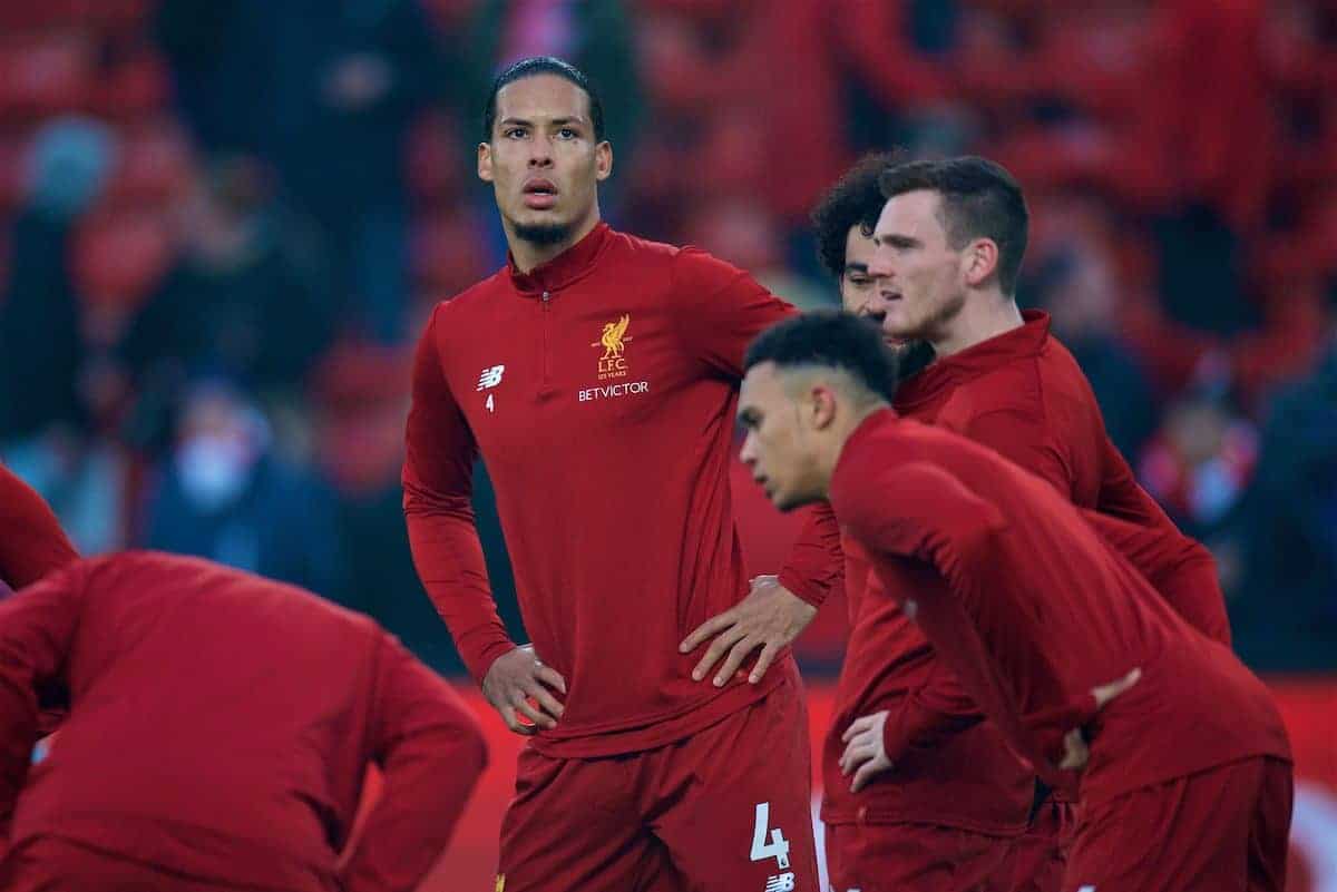 LIVERPOOL, ENGLAND - Saturday, March 3, 2018: Liverpool's Virgil van Dijk during the pre-match warm-up before the FA Premier League match between Liverpool FC and Newcastle United FC at Anfield. (Pic by Peter Powell/Propaganda)