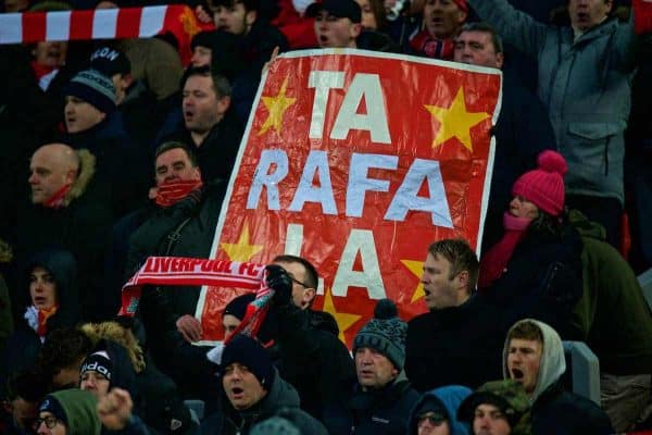 LIVERPOOL, ENGLAND - Saturday, March 3, 2018: Liverpool's supporters' banner "Ta Rafa La" thanking former boss Rafael Benitez before the FA Premier League match between Liverpool FC and Newcastle United FC at Anfield. (Pic by Peter Powell/Propaganda)