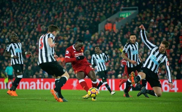 LIVERPOOL, ENGLAND - Saturday, March 3, 2018: Liverpool's Sadio Mane scores the second goal during the FA Premier League match between Liverpool FC and Newcastle United FC at Anfield. (Pic by Peter Powell/Propaganda)