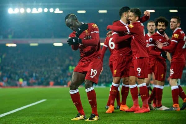 LIVERPOOL, ENGLAND - Saturday, March 3, 2018: Liverpool's Sadio Mane celebrates scoring the second goal during the FA Premier League match between Liverpool FC and Newcastle United FC at Anfield. (Pic by Peter Powell/Propaganda)