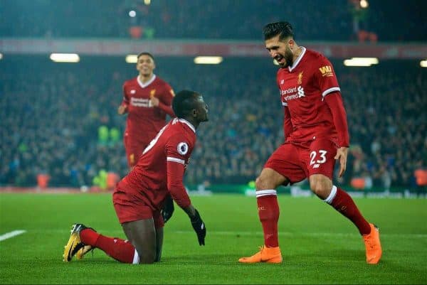 LIVERPOOL, ENGLAND - Saturday, March 3, 2018: Liverpool's Sadio Mane celebrates scoring the second goal with team-mate Emre Can during the FA Premier League match between Liverpool FC and Newcastle United FC at Anfield. (Pic by Peter Powell/Propaganda)