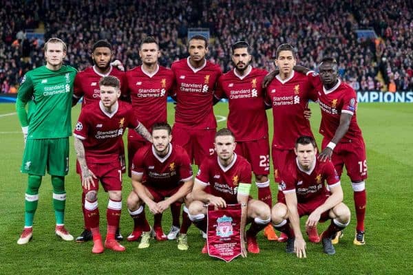 LIVERPOOL, ENGLAND - Monday, March 5, 2018: Liverpool's players line up for a team group photograph before the UEFA Champions League Round of 16 2nd leg match between Liverpool FC and FC Porto at Anfield. Back row L-R: goalkeeper Loris Karius, Joe Gomez, Dejan Lovren, Joel Matip, Emre Can, Roberto Firmino, Sadio Mané. Front Row L-R: Alberto Moreno, Adam Lallana, Jordan Henderson, James Milner. (Pic by Paul Greenwood/Propaganda)