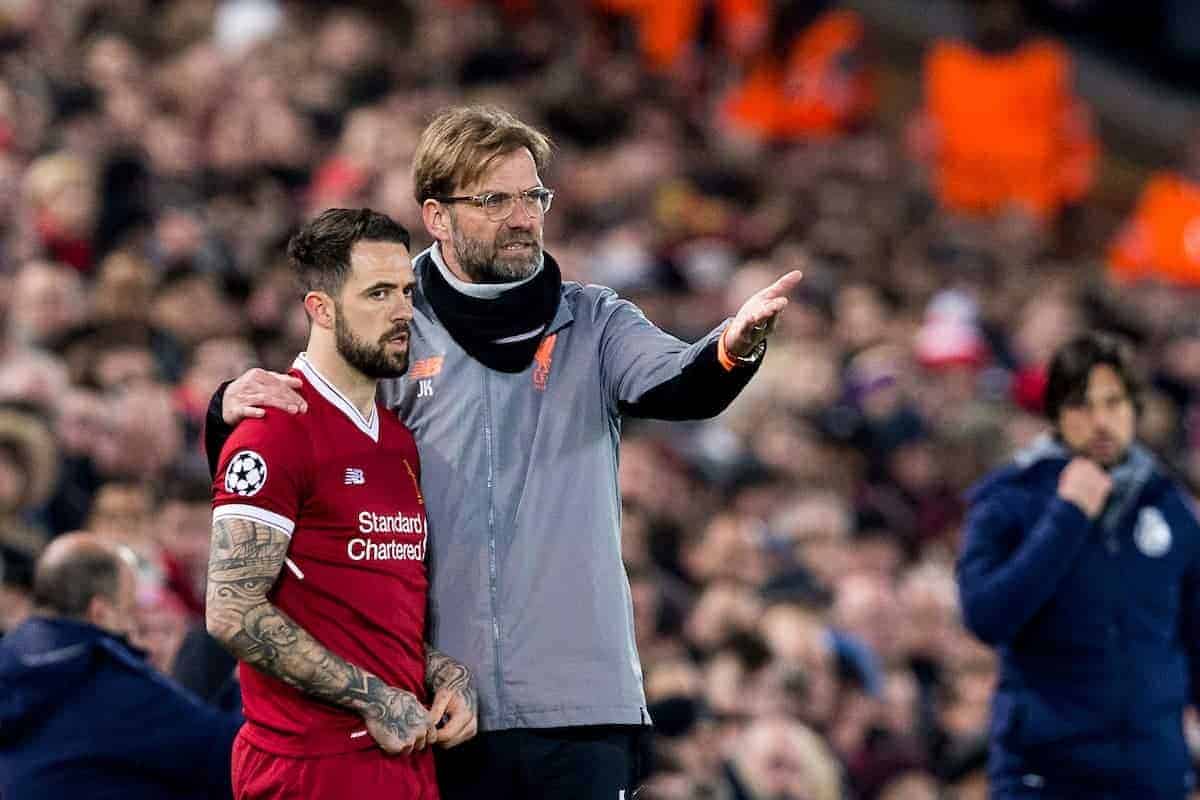 LIVERPOOL, ENGLAND - Monday, March 5, 2018: Liverpool's manager Jürgen Klopp with Danny Ings before he is brought on as a second-half substitute during the UEFA Champions League Round of 16 2nd leg match between Liverpool FC and FC Porto at Anfield. (Pic by Paul Greenwood/Propaganda)