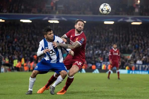 LIVERPOOL, ENGLAND - Monday, March 5, 2018: Liverpool's Danny Ings and FC Porto’s Jesús Manuel Corona during the UEFA Champions League Round of 16 2nd leg match between Liverpool FC and FC Porto at Anfield. (Pic by Paul Greenwood/Propaganda)