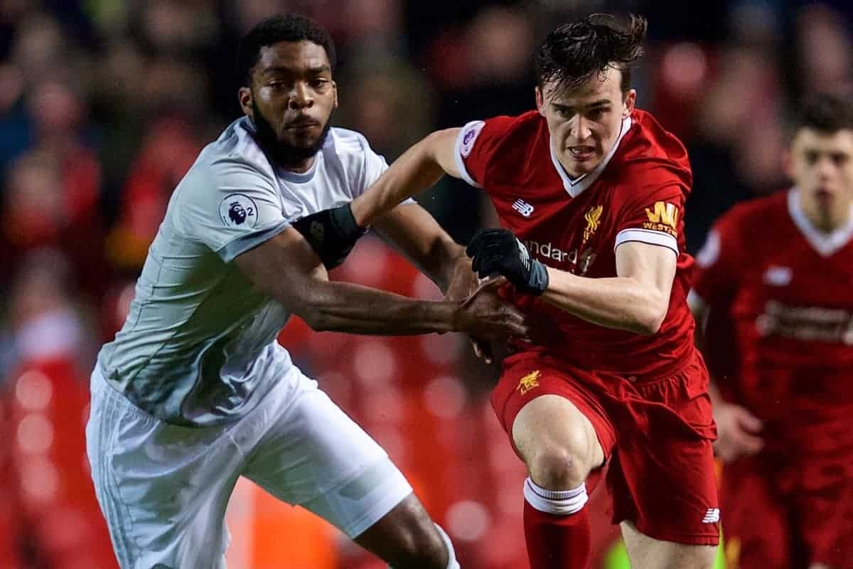 LIVERPOOL, ENGLAND - Friday, March 9, 2018: Liverpool's Liam Millar and Manchester United's Ro-Shaun Williams during the Under-23 FA Premier League 2 Division 1 match between Liverpool and Manchester United at Anfield. (Pic by David Rawcliffe/Propaganda)