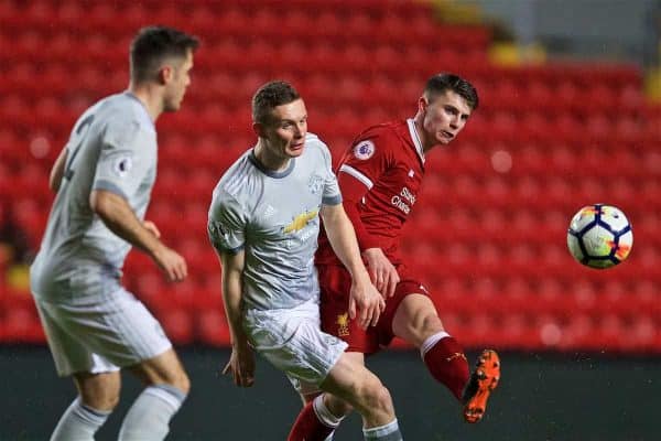 LIVERPOOL, ENGLAND - Friday, March 9, 2018: Liverpool's Ben Woodburn during the Under-23 FA Premier League 2 Division 1 match between Liverpool and Manchester United at Anfield. (Pic by David Rawcliffe/Propaganda)