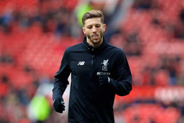 MANCHESTER, ENGLAND - Saturday, March 10, 2018: Liverpool's Adam Lallana during the pre-match warm-up before the FA Premier League match between Manchester United FC and Liverpool FC at Old Trafford. (Pic by David Rawcliffe/Propaganda)
