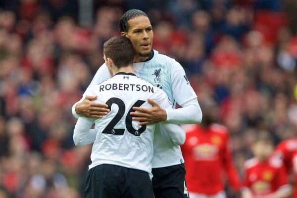 MANCHESTER, ENGLAND - Saturday, March 10, 2018: Liverpool's Virgil van Dijk and Andy Robertson before the FA Premier League match between Manchester United FC and Liverpool FC at Old Trafford. (Pic by David Rawcliffe/Propaganda)