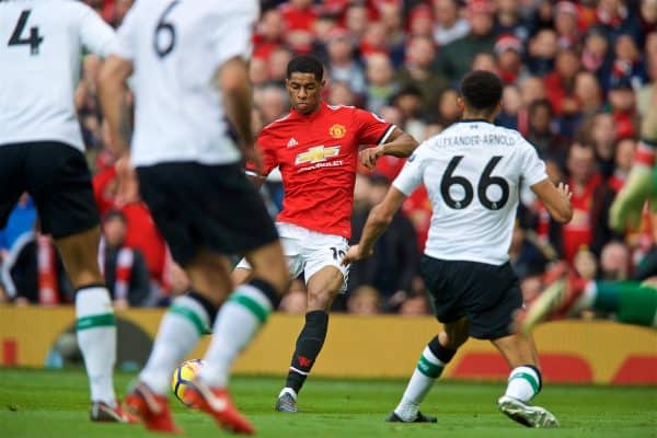 MANCHESTER, ENGLAND - Saturday, March 10, 2018: Manchester United's Marcus Rashford scores the second goal during the FA Premier League match between Manchester United FC and Liverpool FC at Old Trafford. (Pic by David Rawcliffe/Propaganda)