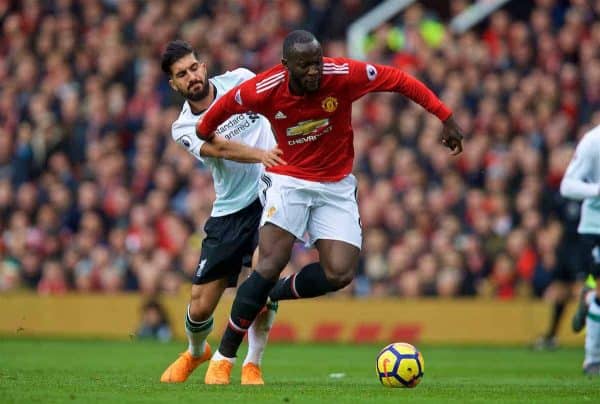 MANCHESTER, ENGLAND - Saturday, March 10, 2018: Manchester United's Romelu Lukaku and Liverpool's Emre Can during the FA Premier League match between Manchester United FC and Liverpool FC at Old Trafford. (Pic by David Rawcliffe/Propaganda)