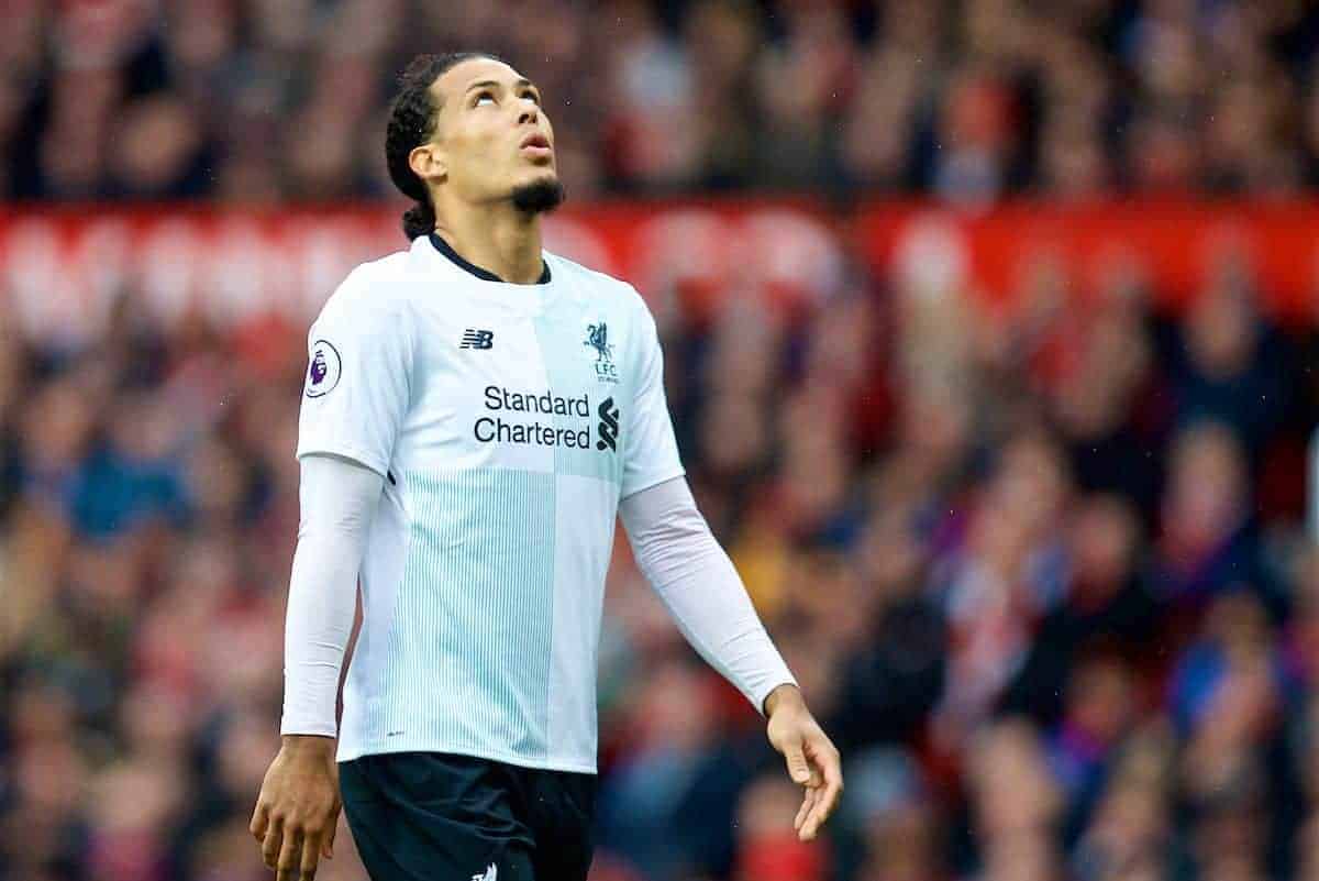 MANCHESTER, ENGLAND - Saturday, March 10, 2018: Liverpool's Virgil van Dijk looks dejected during the FA Premier League match between Manchester United FC and Liverpool FC at Old Trafford. (Pic by David Rawcliffe/Propaganda)