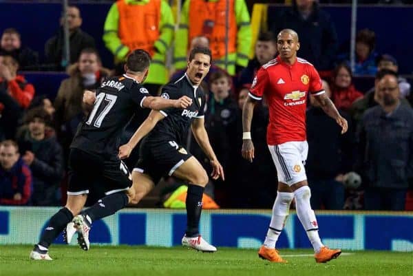 MANCHESTER, ENGLAND - Tuesday, March 13, 2018: Sevilla's Wissam Ben Yedder celebrates scoring the first goal during the UEFA Champions League Round of 16 2nd leg match between Manchester United FC and Sevilla FC at Old Trafford. (Pic by David Rawcliffe/Propaganda)