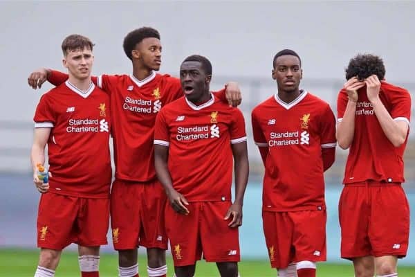 MANCHESTER, ENGLAND - Wednesday, March 14, 2018: Liverpool players look apprehensive during the penalty shoot out against Manchester City which they lost 3-2 during the UEFA Youth League Quarter-Final match between Manchester City and Liverpool FC at the City Academy Stadium. Liam Millar, Abdulrahman Sharif, Bobby Adekanye, Rafael Camacho, Curtis Jones. (Pic by David Rawcliffe/Propaganda)