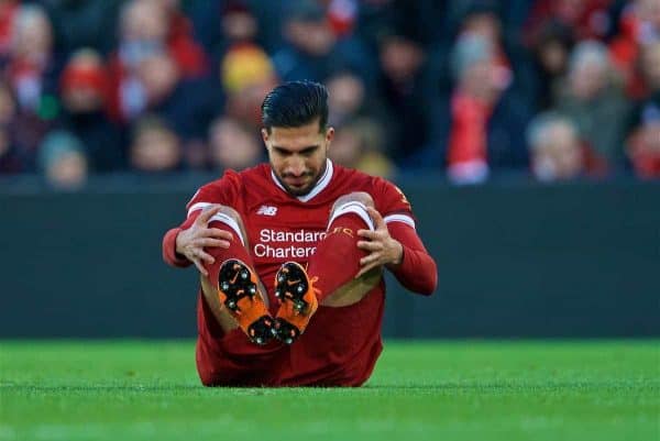 LIVERPOOL, ENGLAND - Saturday, March 17, 2018: Liverpool's Emre Can goes down injured during the FA Premier League match between Liverpool FC and Watford FC at Anfield. (Pic by David Rawcliffe/Propaganda)