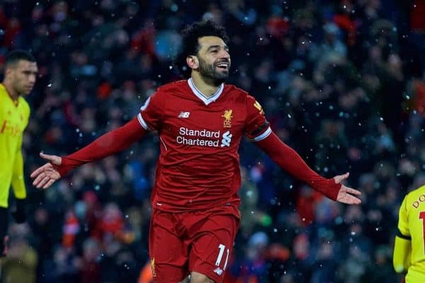 LIVERPOOL, ENGLAND - Saturday, March 17, 2018: Liverpool's Mohamed Salah celebrates scoring the fourth goal, his hat-trick, during the FA Premier League match between Liverpool FC and Watford FC at Anfield. (Pic by David Rawcliffe/Propaganda)