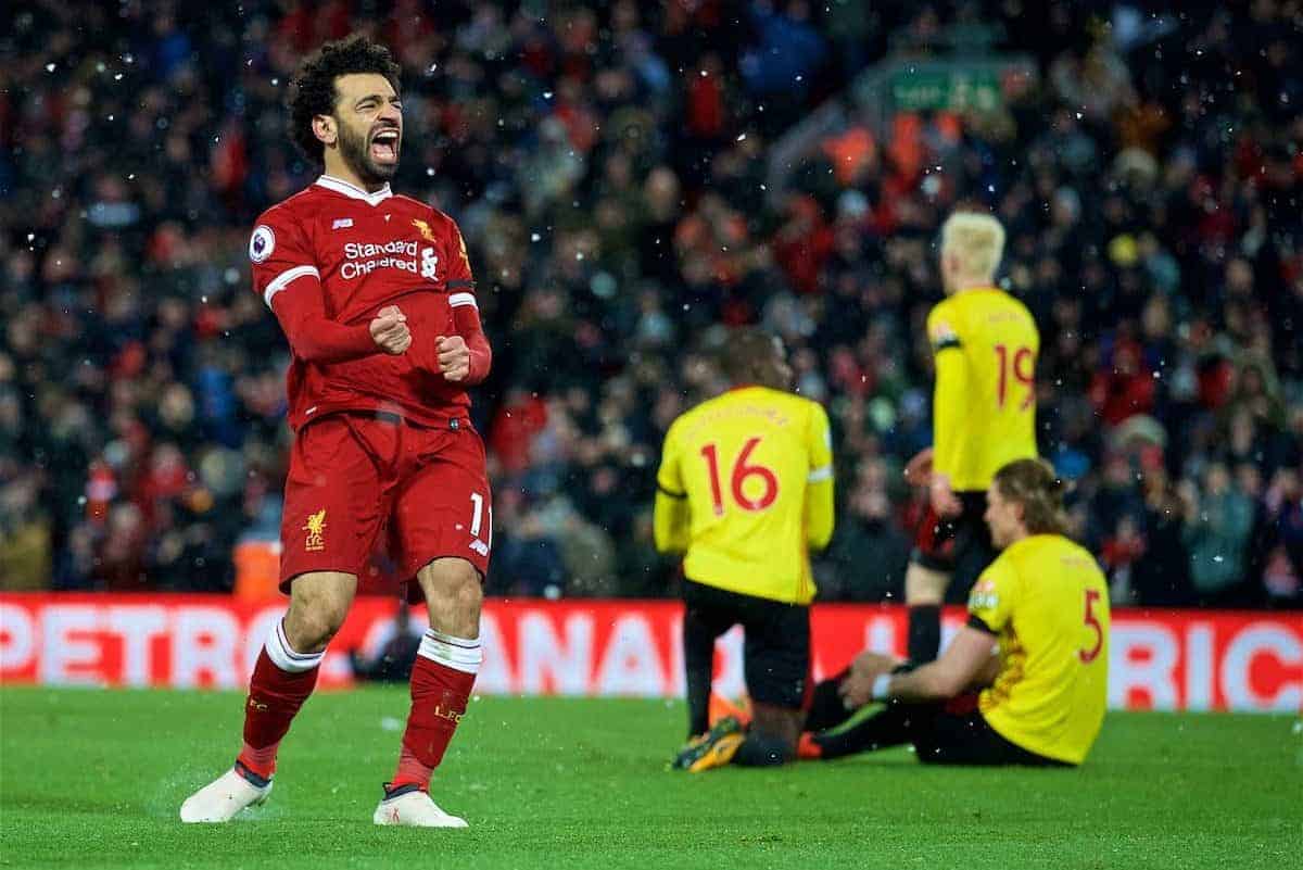 LIVERPOOL, ENGLAND - Saturday, March 17, 2018: Liverpool's Mohamed Salah celebrates scoring the fourth goal, his hat-trick, during the FA Premier League match between Liverpool FC and Watford FC at Anfield. (Pic by David Rawcliffe/Propaganda)