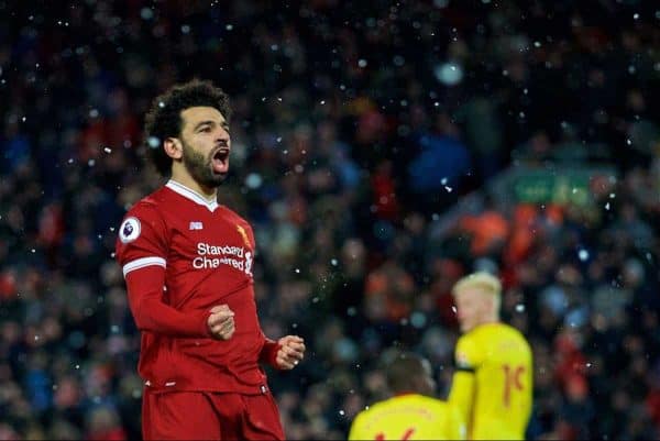 LIVERPOOL, ENGLAND - Saturday, March 17, 2018: Liverpool's Mohamed Salah celebrates scoring the fourth goal, his hat-trick, during the FA Premier League match between Liverpool FC and Watford FC at Anfield. (Pic by David Rawcliffe/Propaganda)