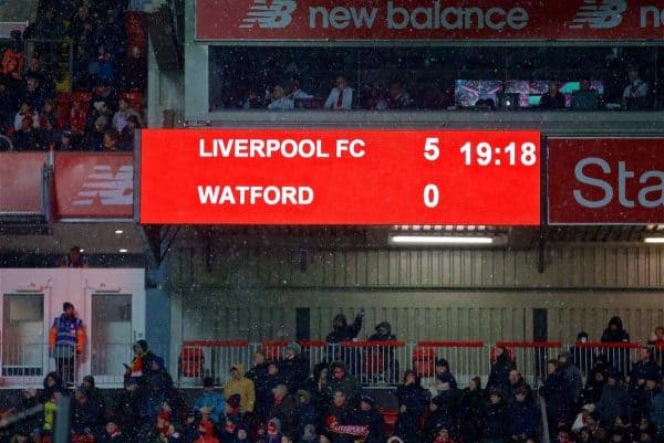 LIVERPOOL, ENGLAND - Saturday, March 17, 2018: Liverpool's scoreboard records the 5-0 victory over Watford during the FA Premier League match between Liverpool FC and Watford FC at Anfield. (Pic by David Rawcliffe/Propaganda)