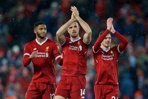 LIVERPOOL, ENGLAND - Saturday, March 17, 2018: Liverpool's Joe Gomez, captain Jordan Henderson and Andy Robertson after the 5-0 victory during the FA Premier League match between Liverpool FC and Watford FC at Anfield. (Pic by David Rawcliffe/Propaganda)