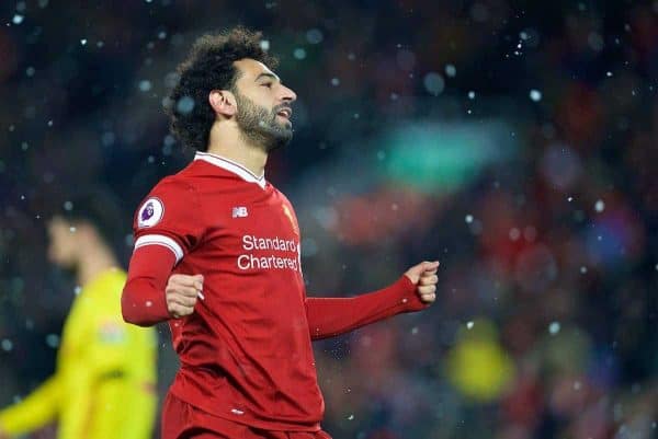 LIVERPOOL, ENGLAND - Saturday, March 17, 2018: Liverpool's Mohamed Salah celebrates scoring the fourth goal, the third of his hat-trick, during the FA Premier League match between Liverpool FC and Watford FC at Anfield. (Pic by David Rawcliffe/Propaganda)