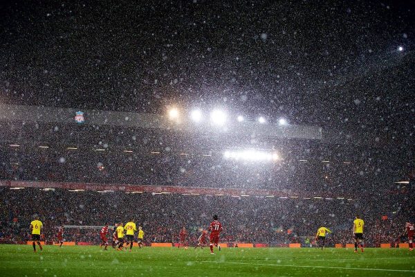 LIVERPOOL, ENGLAND - Saturday, March 17, 2018: A snow storm descends on Anfield during the FA Premier League match between Liverpool FC and Watford FC. (Pic by David Rawcliffe/Propaganda)